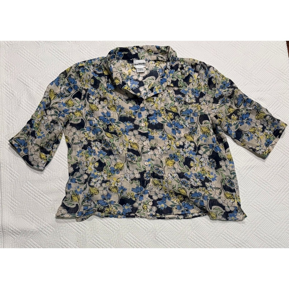 Bon Worth Women's Blouse Large Petite Coastal Grandmother Floral 3/4 Sleeve